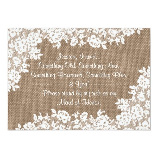 Will You Be My Maid of Honor? Rustic Burlap & Lace Cards