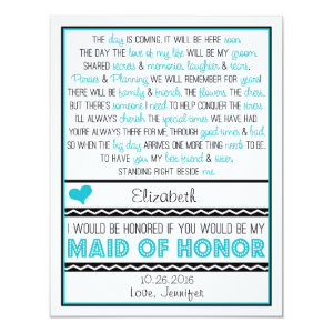 Will you be my Maid of Honor? Turquoise/Black Poem 4.25x5.5 Paper Invitation Card
