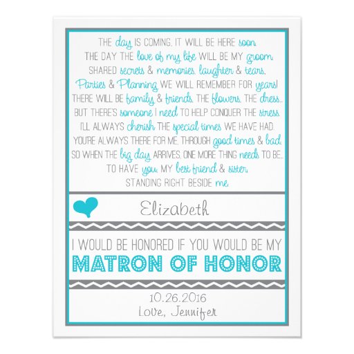 Will you be my Matron of Honor? Blue/Gray Poem Personalized Invite