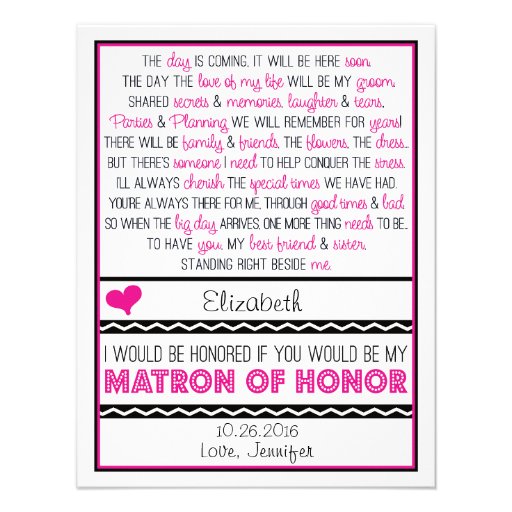 Will you be my Matron of Honor? Pink/Black Poem Custom Invitations
