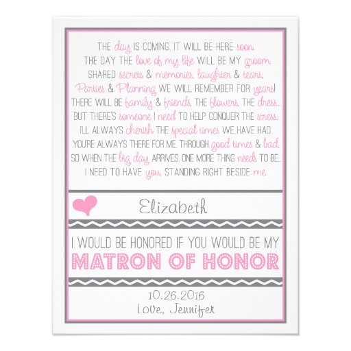 Will you be my Matron of Honor? Pink/Gray Poem V2 Custom Invitation
