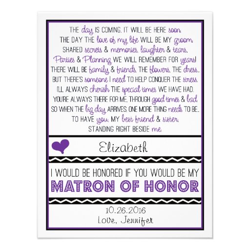 Will you be my Matron of Honor? Purple/Black Poem Custom Invitations