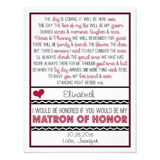 Will you be my Matron of Honor? Red/Black Poem Custom Invite