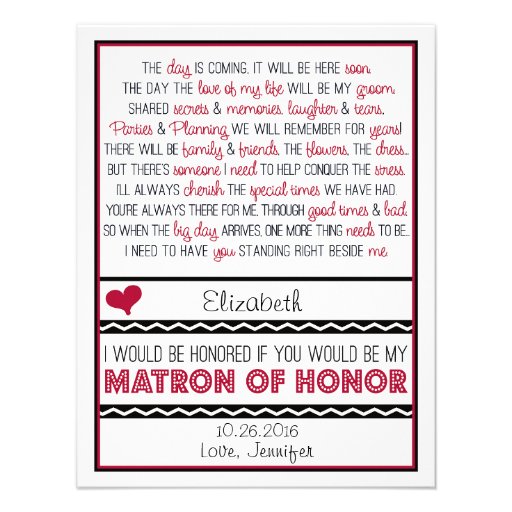 Will you be my Matron of Honor? Red/Black Poem V2 Personalized Invitations