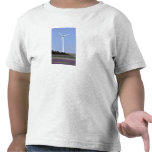 Wind turbine behind a field of purple flowers t shirts