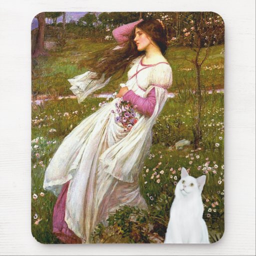 Windflowers - White cat Mouse Pad