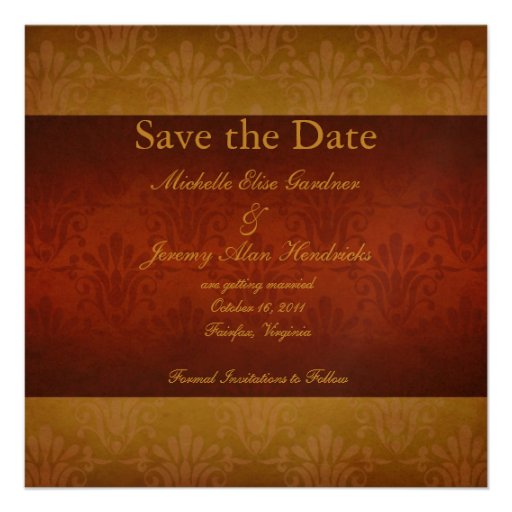 Wine and Gold Vintage Damask Save the Date Card Announcement (front side)