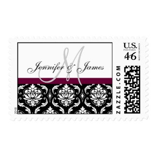 Wine Black White Damask Wedding Monogram Postage stamp
