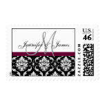 Wine Black White Damask Wedding Monogram Postage