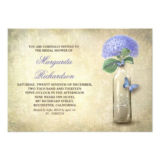 Wine bottle & blue flowers bridal shower invites (front side)