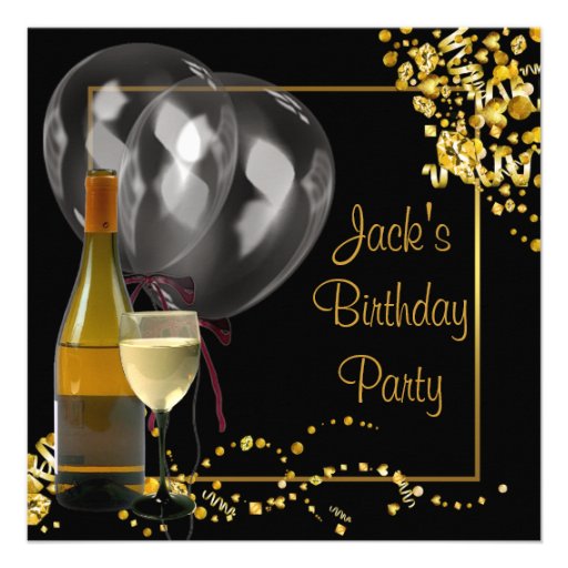 Wine Bottle Glass Gold Black Mans Birthday Party Personalized Invite