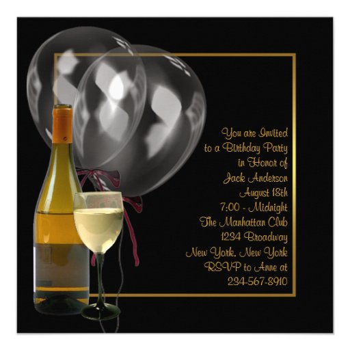 Wine Bottle Glass Gold Black Mans Birthday Party Personalized Invite