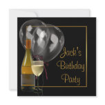 Wine Bottle Glass Gold Black Mens Birthday Party Custom Announcements