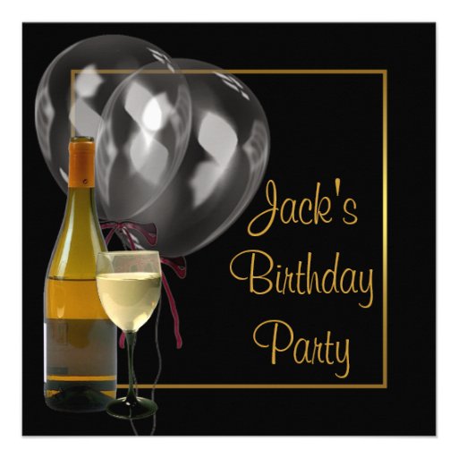 Wine Bottle Glass Gold Black Mens Birthday Party Custom Announcements (front side)