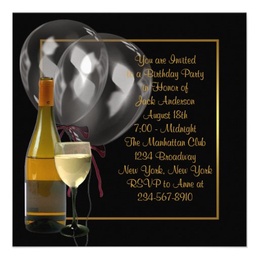 Wine Bottle Glass Gold Black Mens Birthday Party Custom Announcements