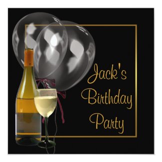 Wine Bottle Glass Gold Black Mens Birthday Party Invitation