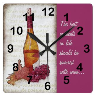wine bottle, grapes and grape leaf wall clock