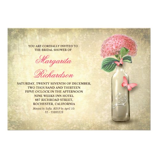 Wine bottle & pink flowers bridal shower invites (front side)