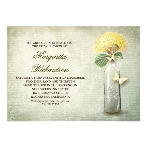 Wine bottle & yellow flowers bridal shower invites (front side)