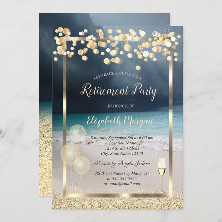 Wine Glass Balloons Gold Glitter Beach Retirement Invitation Zazzle