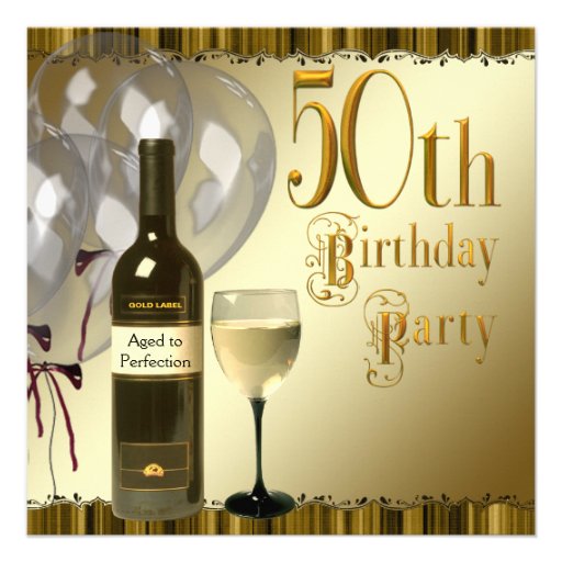 Wine Glass Bottle Black Gold 50th Birthday Party Custom Announcement