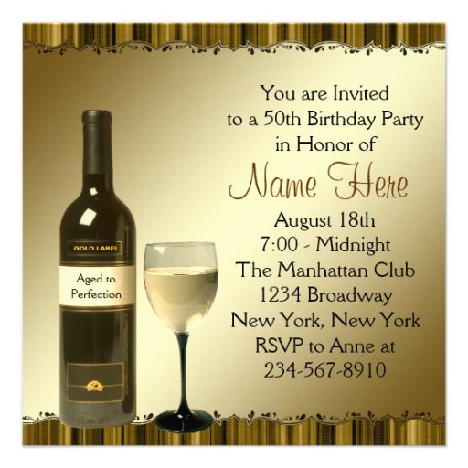Wine Glass Bottle Black Gold 50th Birthday Party Custom Announcement