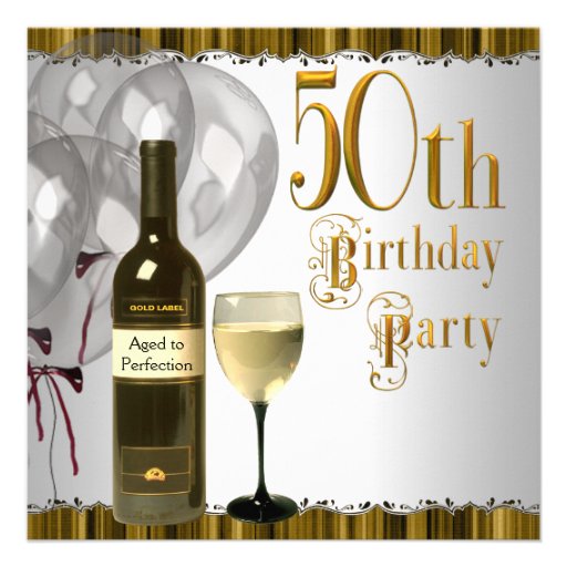 Wine Glass Bottle Black Gold 50th Birthday Party Custom Invite