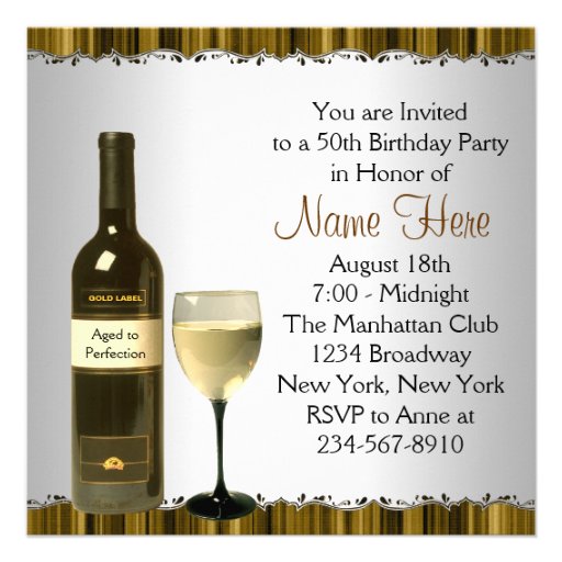 Wine Glass Bottle Black Gold 50th Birthday Party Custom Invite