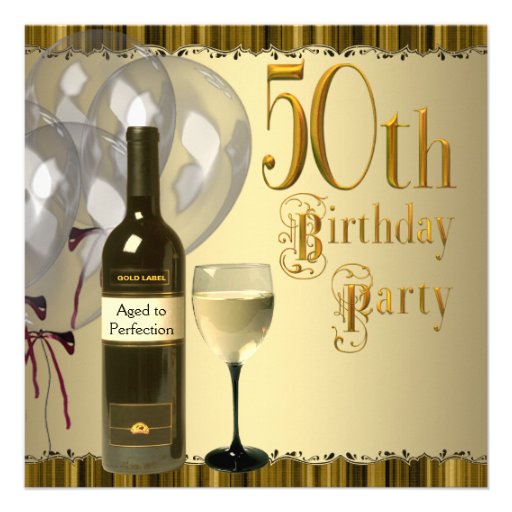 Wine Glass Bottle Gold 50th Birthday Party Custom Invites (front side)