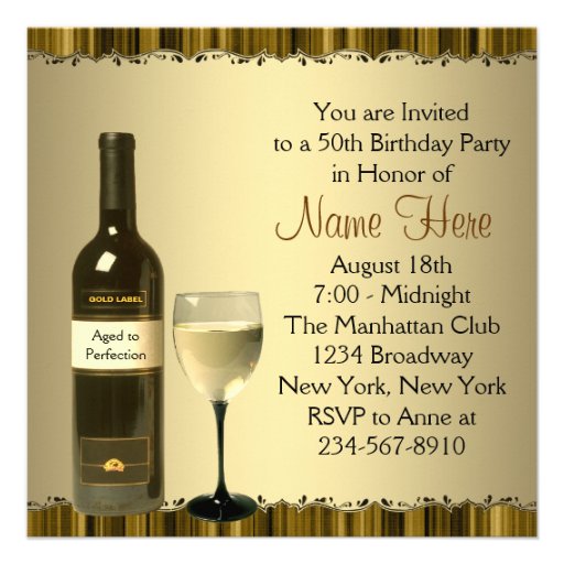 Wine Glass Bottle Gold 50th Birthday Party Custom Invites