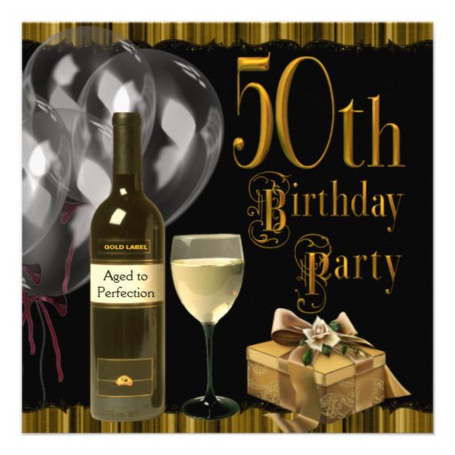 Wine Glass Bottle Gold 50th Birthday Party Personalized Invites (front side)