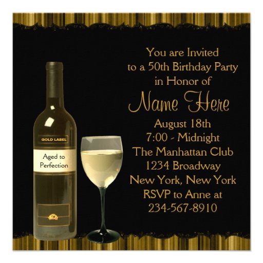 Wine Glass Bottle Gold 50th Birthday Party Personalized Invites