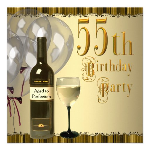 Wine Glass Bottle Gold 55th Birthday Party Announcement (front side)
