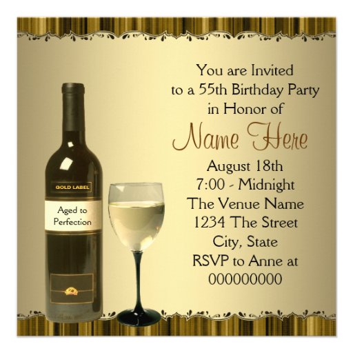 Wine Glass Bottle Gold 55th Birthday Party Announcement