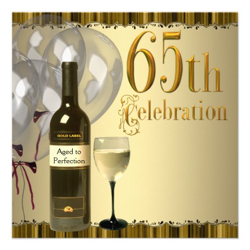 Wine Glass Bottle Gold 65th Birthday Party Personalized Announcement (front side)