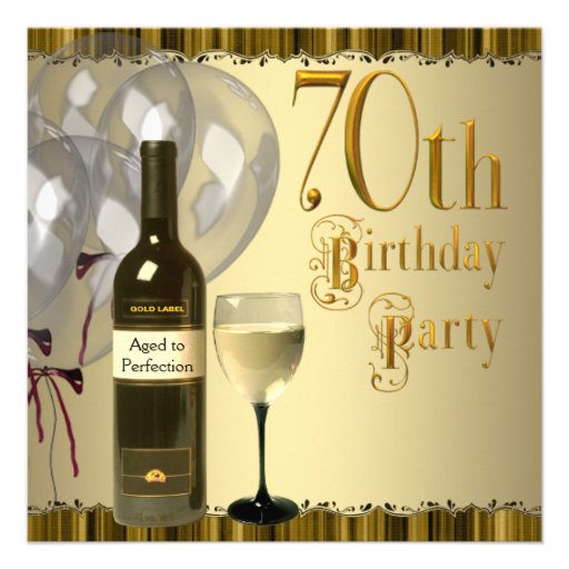 Wine Glass Bottle Gold 70th Birthday Party Invite (front side)