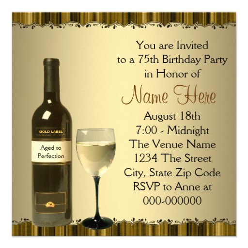 Wine Glass Bottle Gold 75th Birthday Party Custom Announcements
