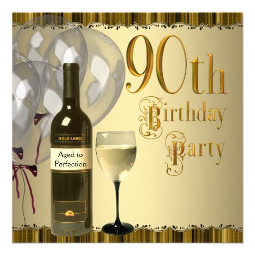 Wine Glass Bottle Gold 90th Birthday Party Custom Invitation (front side)