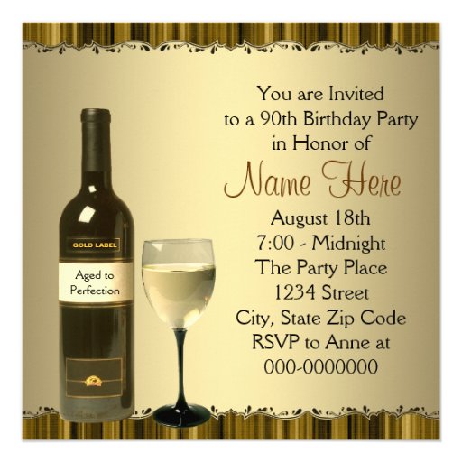 Wine Glass Bottle Gold 90th Birthday Party Custom Invitation