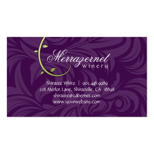 Wine Leaf Vine Purple Green Business Card Templates (back side)