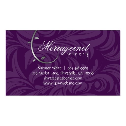 Wine Leaf Vine Purple Silver Business Card Template (back side)