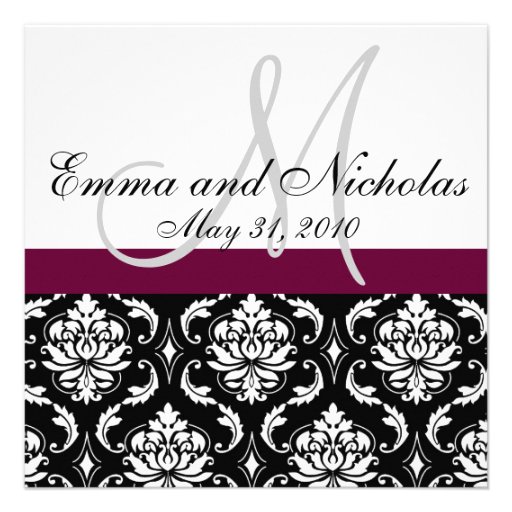 Wine Monogram Damask Wedding Invitation Front (front side)