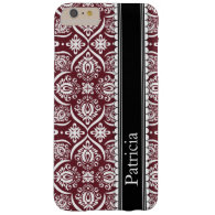 Wine Red White Damask Pattern Personalized Name Barely There iPhone 6 Plus Case