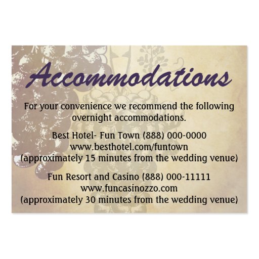 Winery Tuscan Wedding Accommodation Cards Business Card (front side)