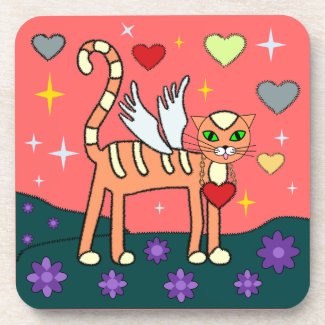 Winged Kitty with Heart Custom Cork Coaster corkcoaster
