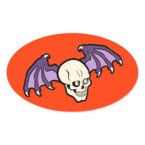 Winged skull toon oval sticker