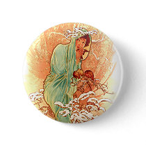 Winter - Alphonse Mucha Art Nouveau Pinback Buttons