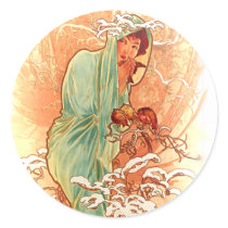 Winter - Alphonse Mucha Art Nouveau Round Stickers