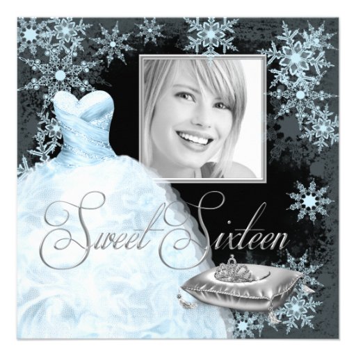 Winter Blue Snowflake Photo Sweet Sixteen Party Personalized Invitation