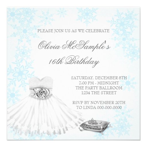 Winter Blue Snowflake Photo Sweet Sixteen Party Invites